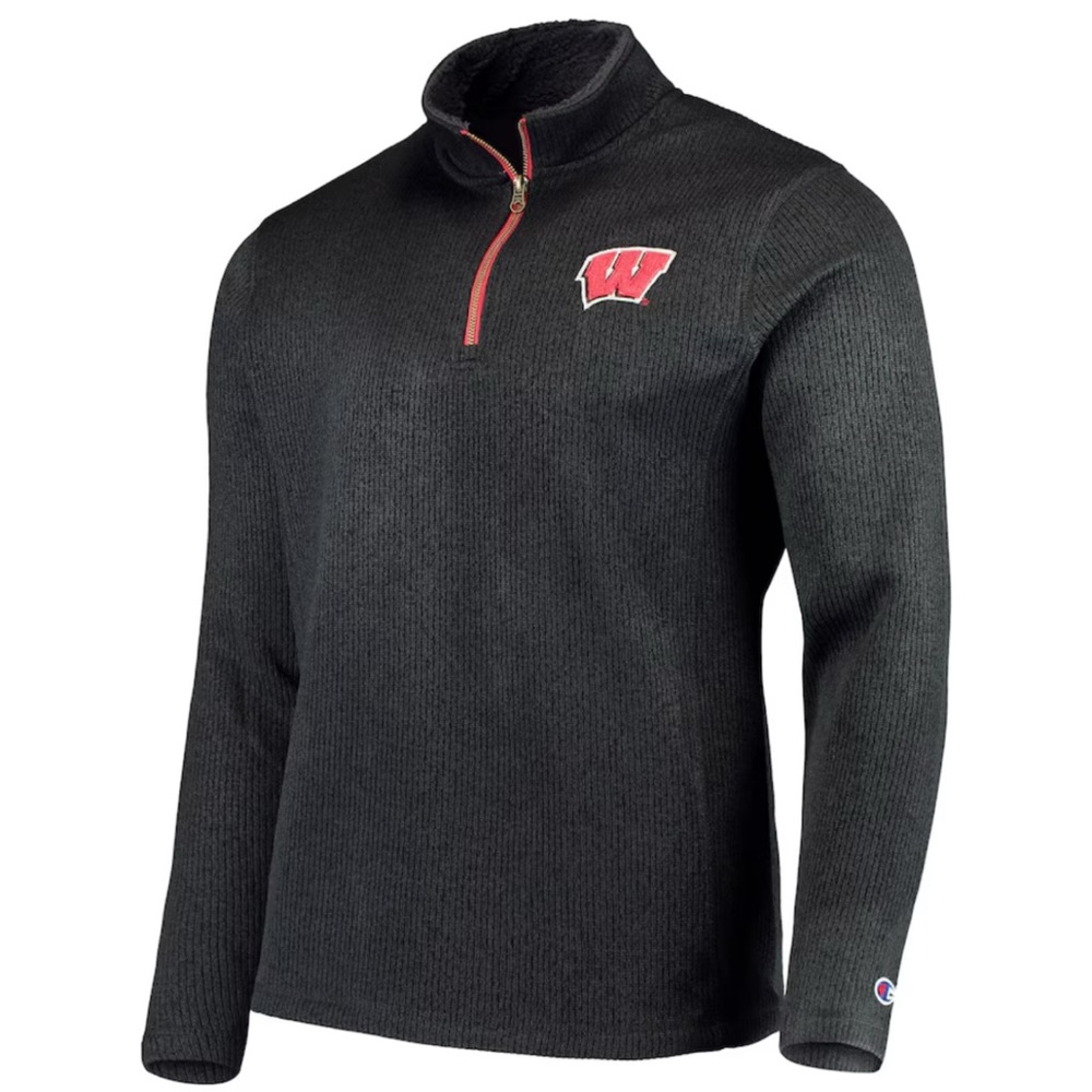 💝 Men’s Champion Charcoal Gray Wisconsin Badgers Ribbed Quarter Zip Pullover 2XL - Picture 2 of 6